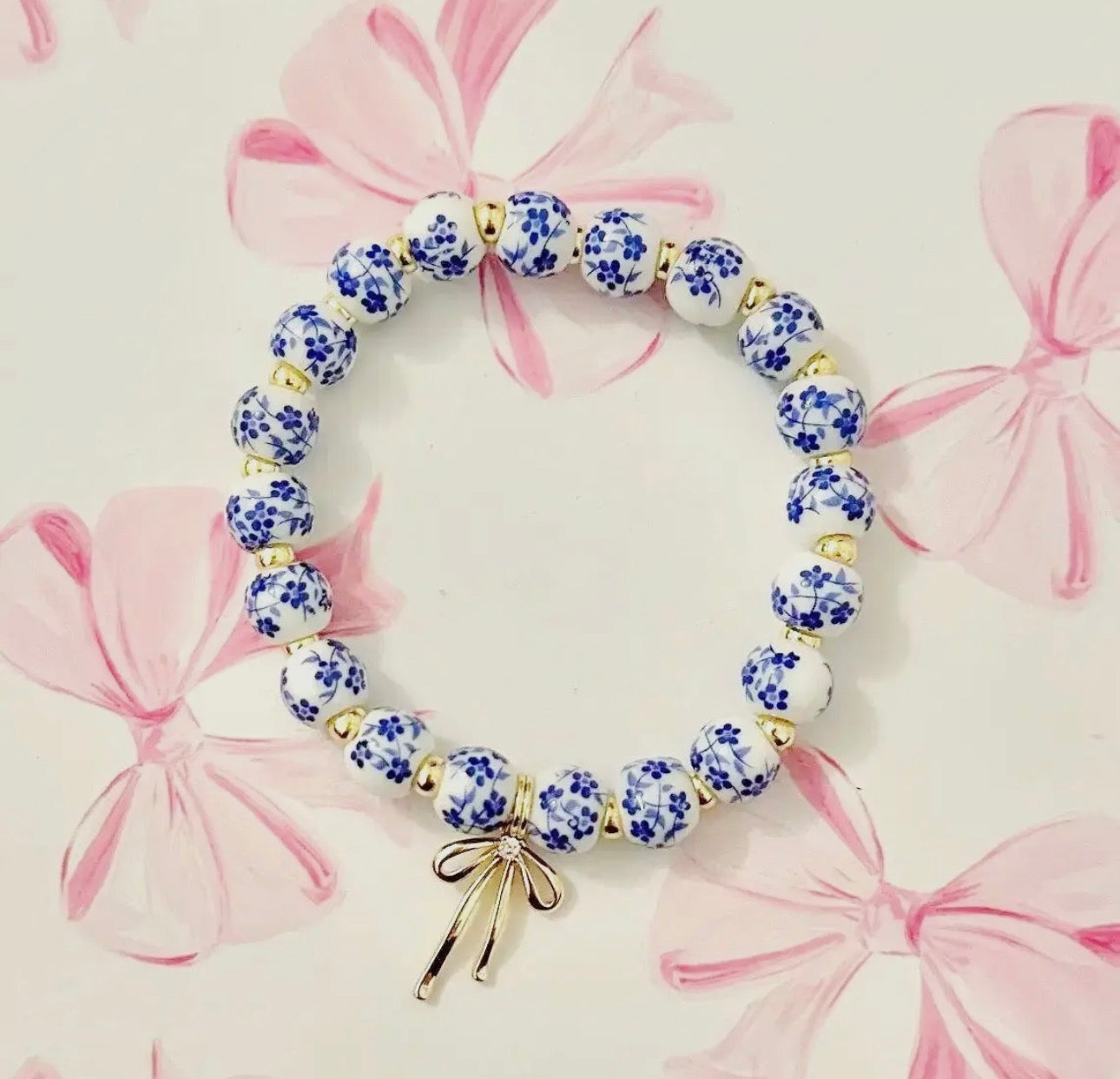Bow Charm Blue Floral Bracelet