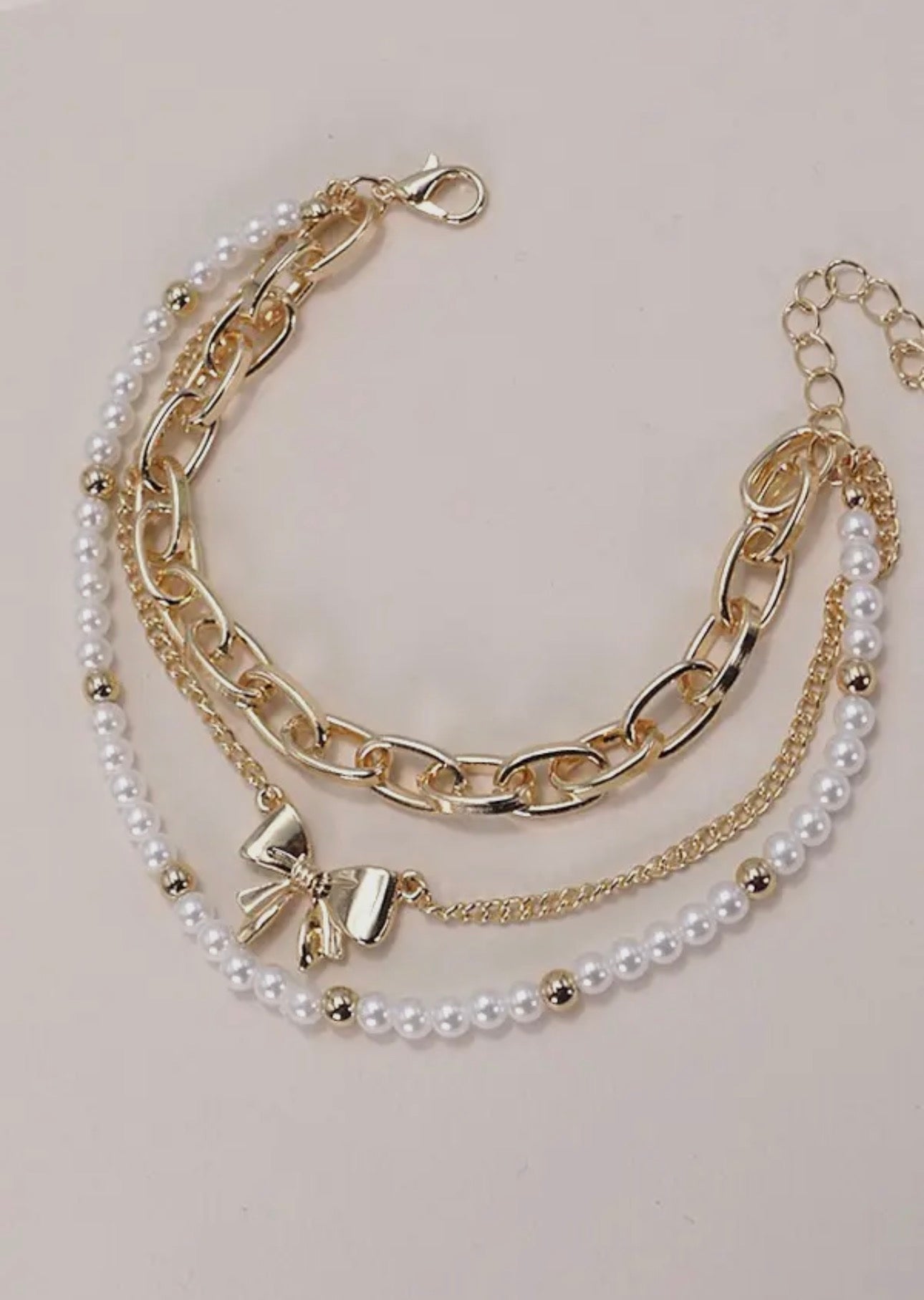Bow Pearl Link Trio Set Bracelet