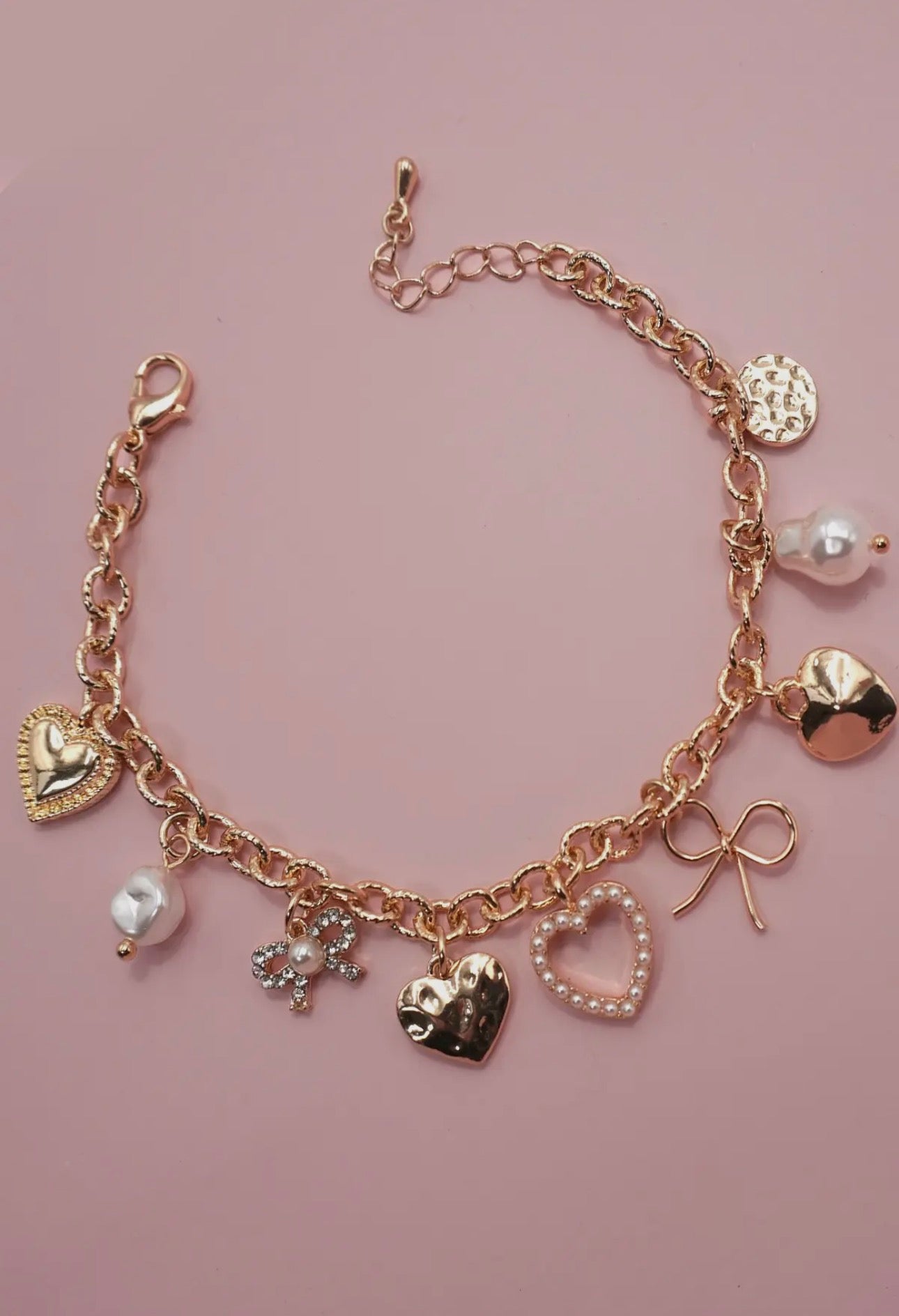 Pearl Heart Bow Charm Bracelet