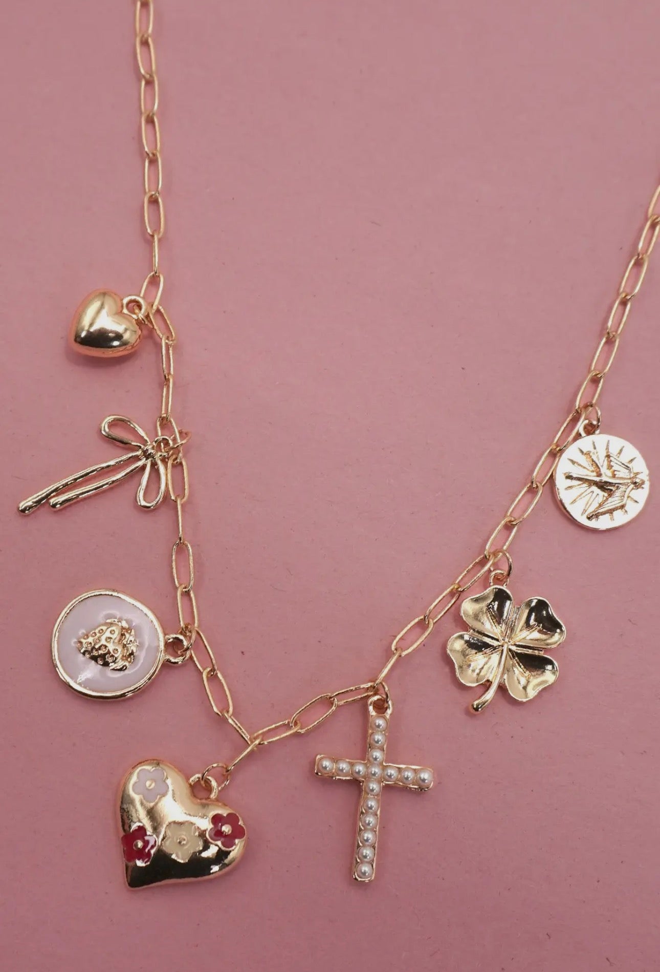Floral Heart Clover Charm Necklace