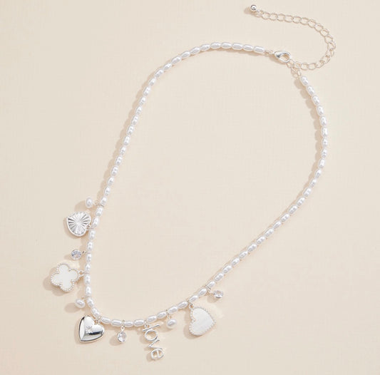 Pearl Charm Necklace with Silver Heart Pendant