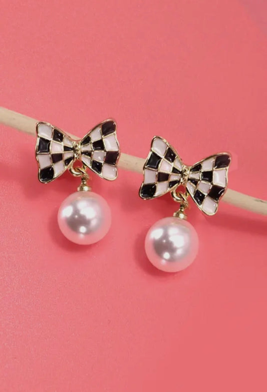 Checker Bow Pearl Drop Earrings