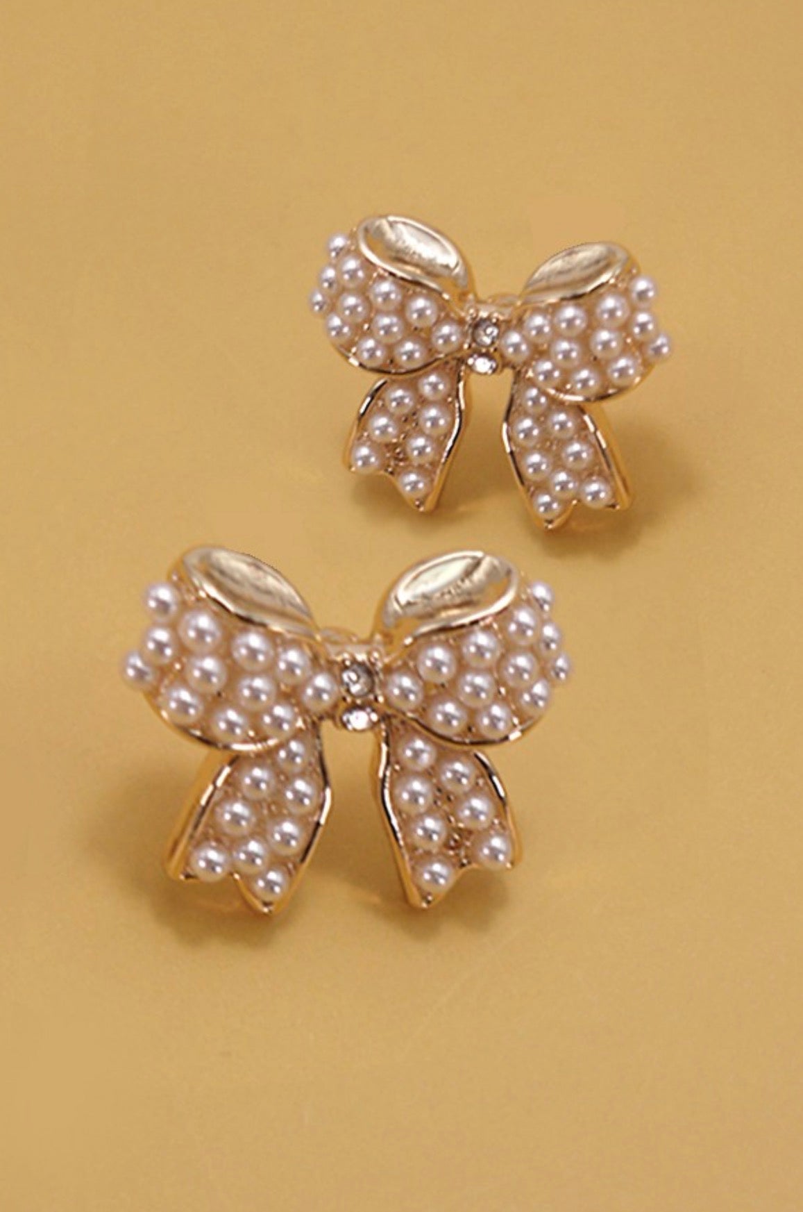Mini Pearl Bow Ribbon Gold Earrings