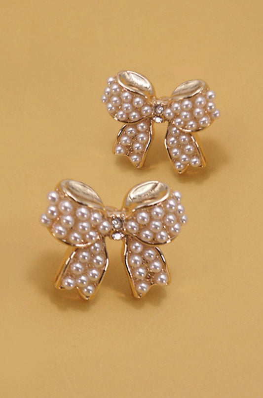 Mini Pearl Bow Ribbon Gold Earrings