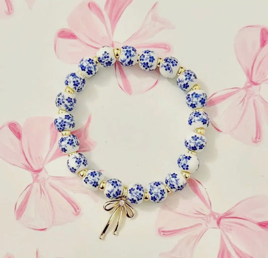 Bow Charm Blue Floral Bracelet