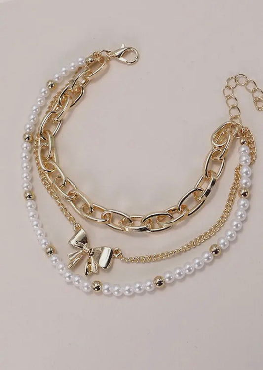 Bow Pearl Link Trio Set Bracelet