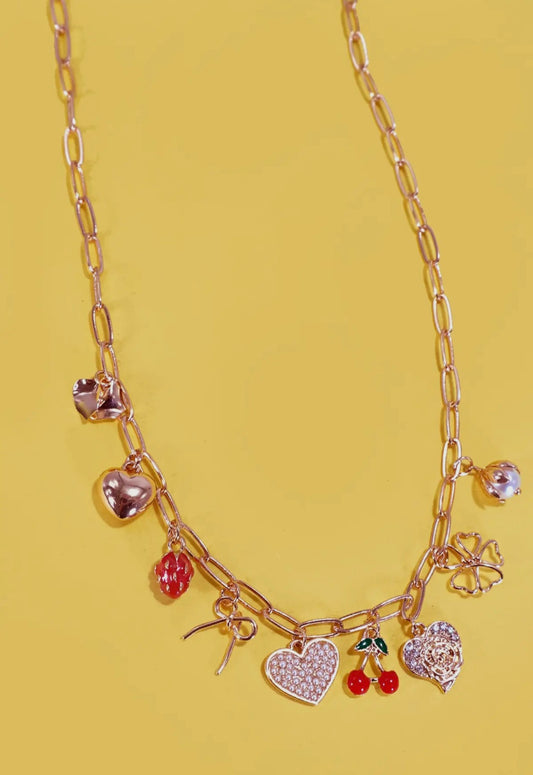 Multi Charm Bow Cherry Heart Necklace