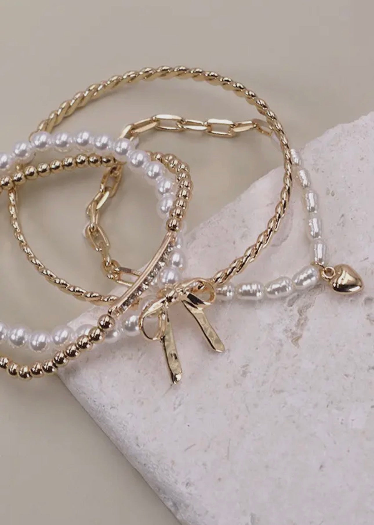 Bow Pearl Rhinestone Bar Stretch Bangle Set