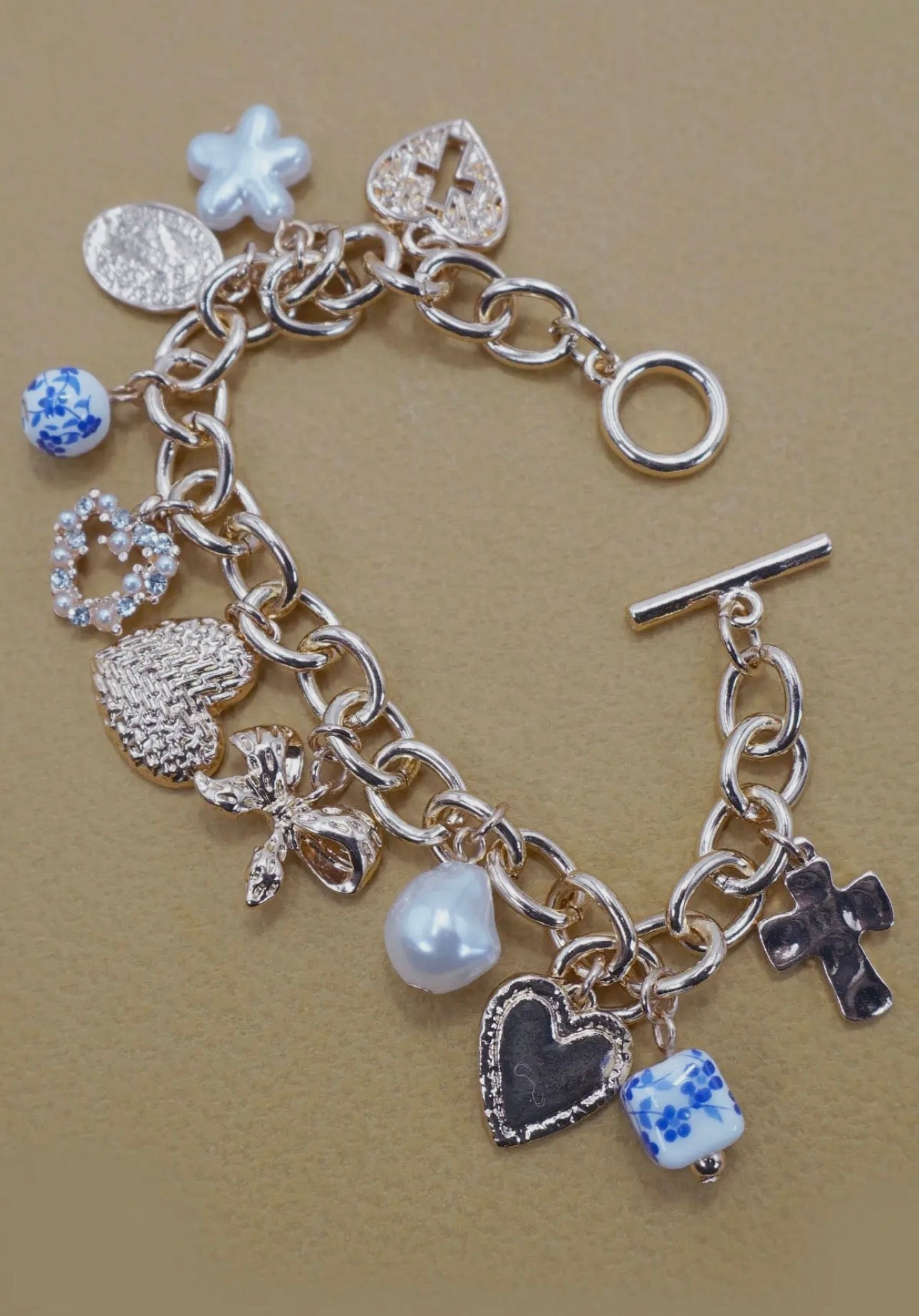 Heart Bow Blue Floral Charm Bracelet