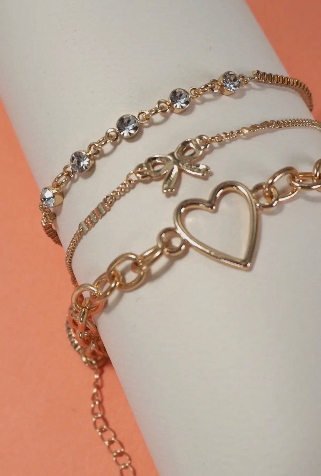 Layered Heart Bow Rhinestone Bracelet