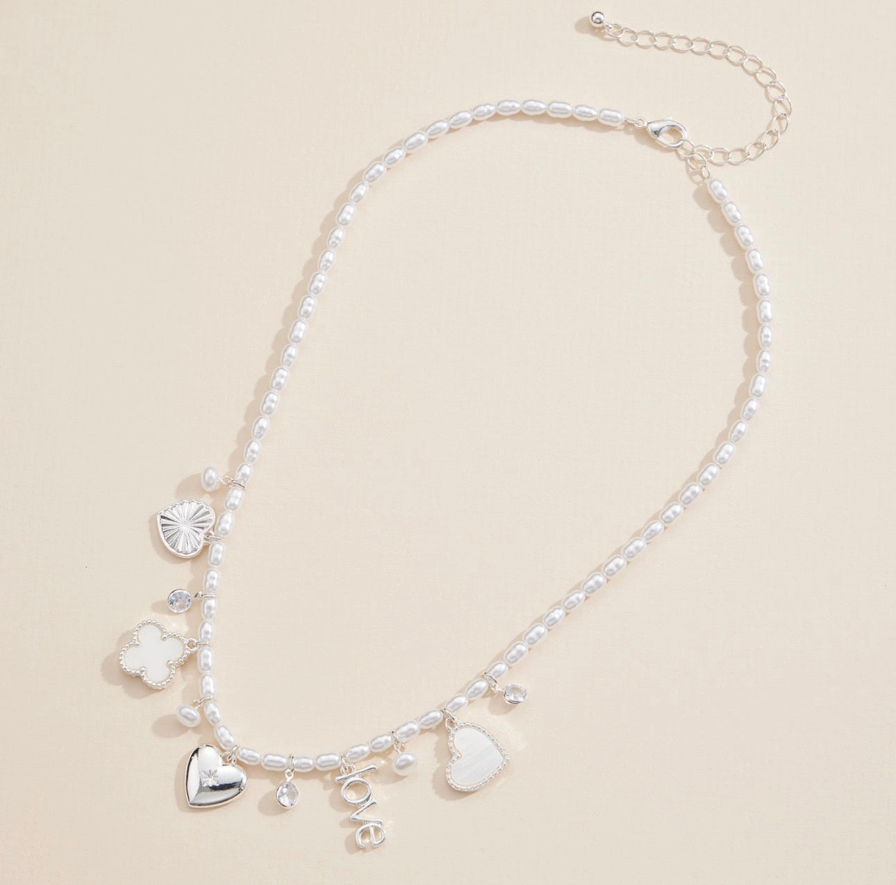 Pearl Charm Necklace with Silver Heart Pendant