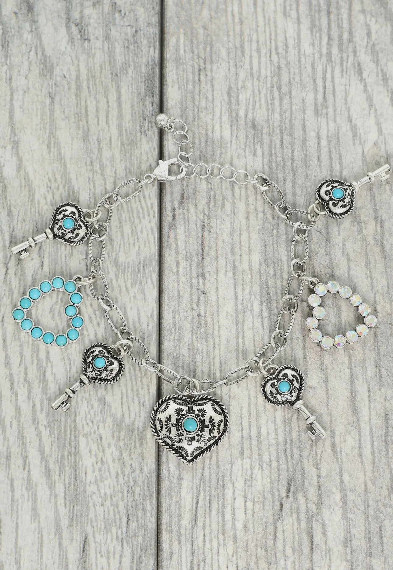 Western Jeweled Heart & Key Charm Bracelet