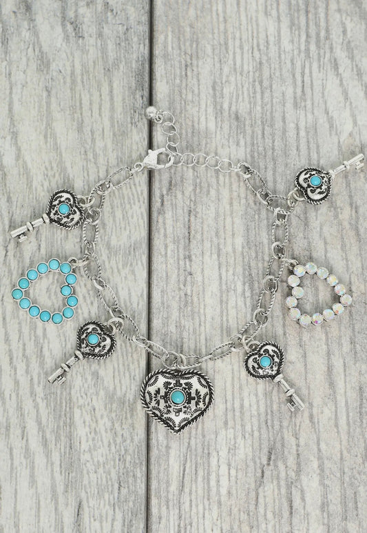 Western Jeweled Heart & Key Charm Bracelet