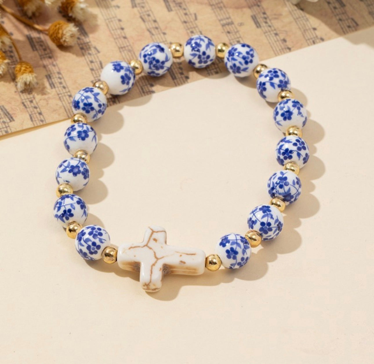 Blue Ceramic Porcelain Cross Charm Bracelet