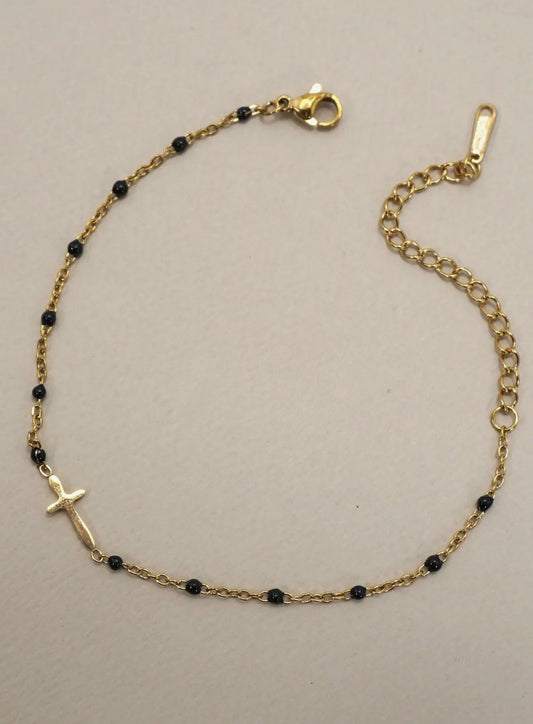 Black Beaded Cross Bracelet